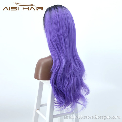 Aisi Hair New Design Top Quality Party Long Body Wave Ombre Purple Lace Frontal Synthetic Hair For Black Women Lace Front Wig